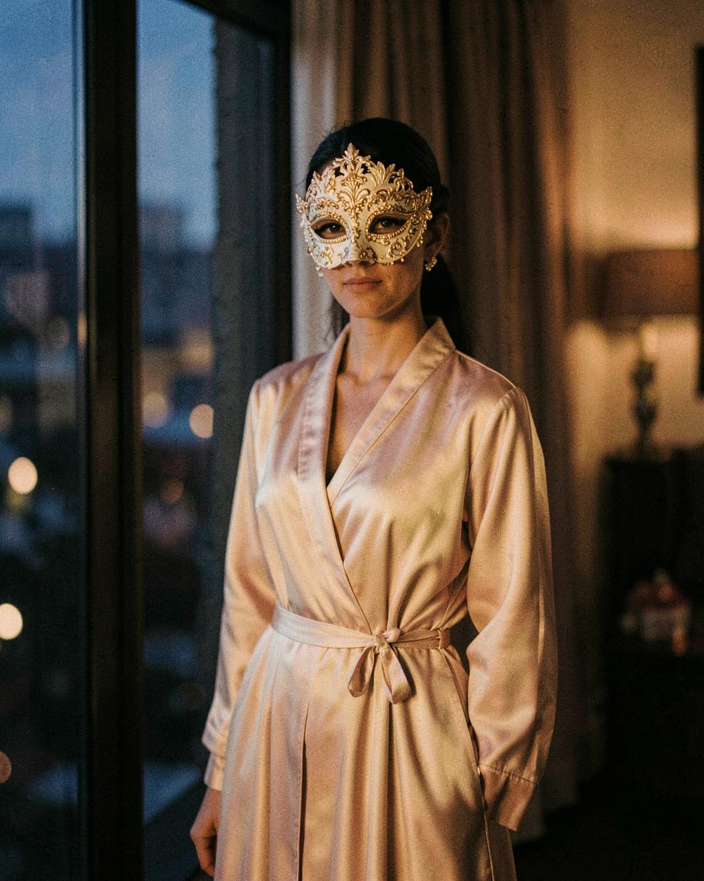 Vrouw in zijden kamerjas met Venetiaans halfmasker bij een raam