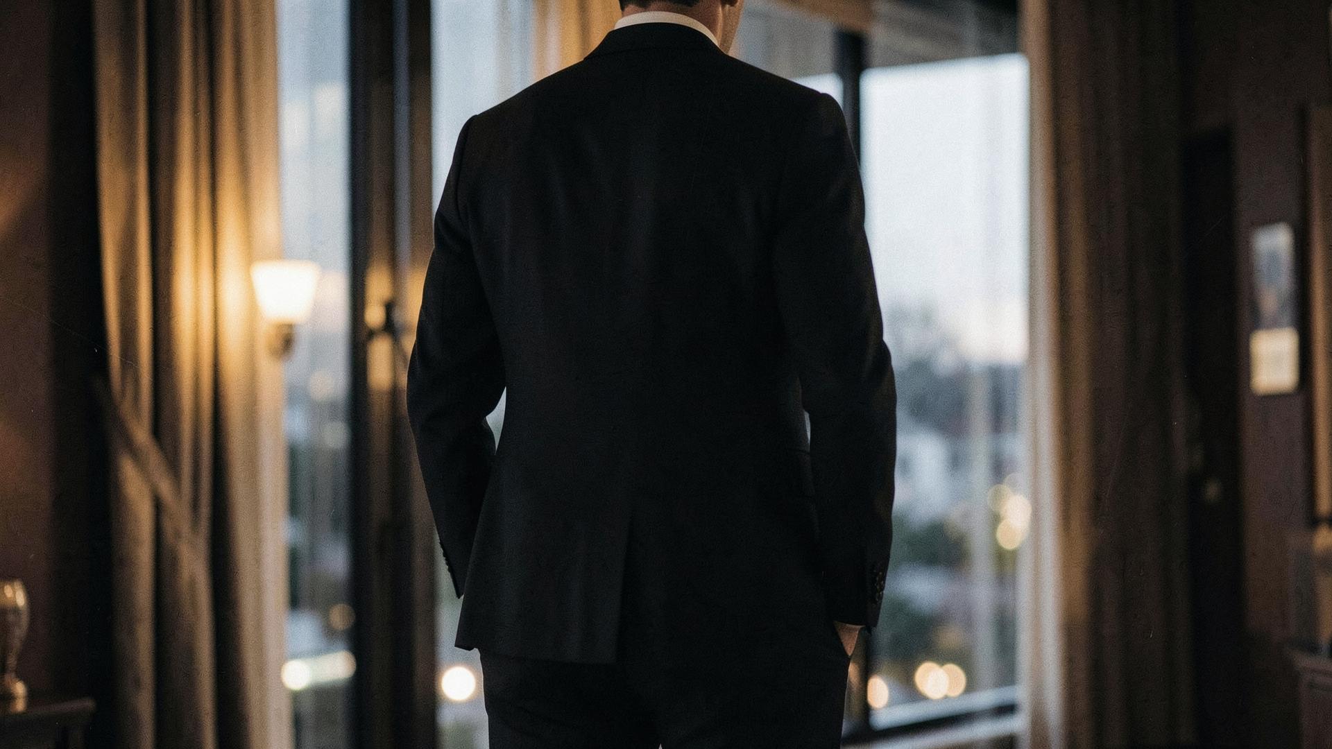 Man van achteren gezien in een donker pak voor een raam bij avondlicht
