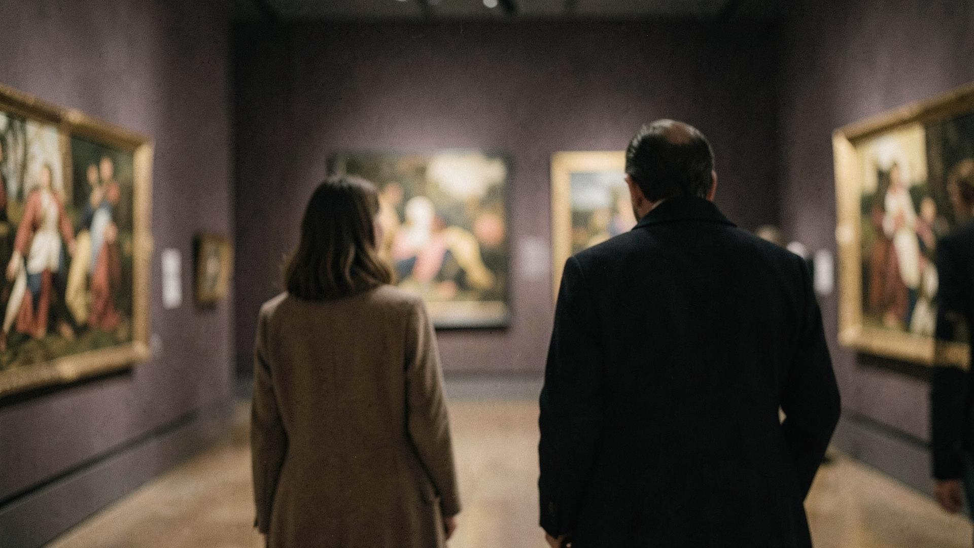 Museumgang met zacht licht en twee bezoekers van achteren