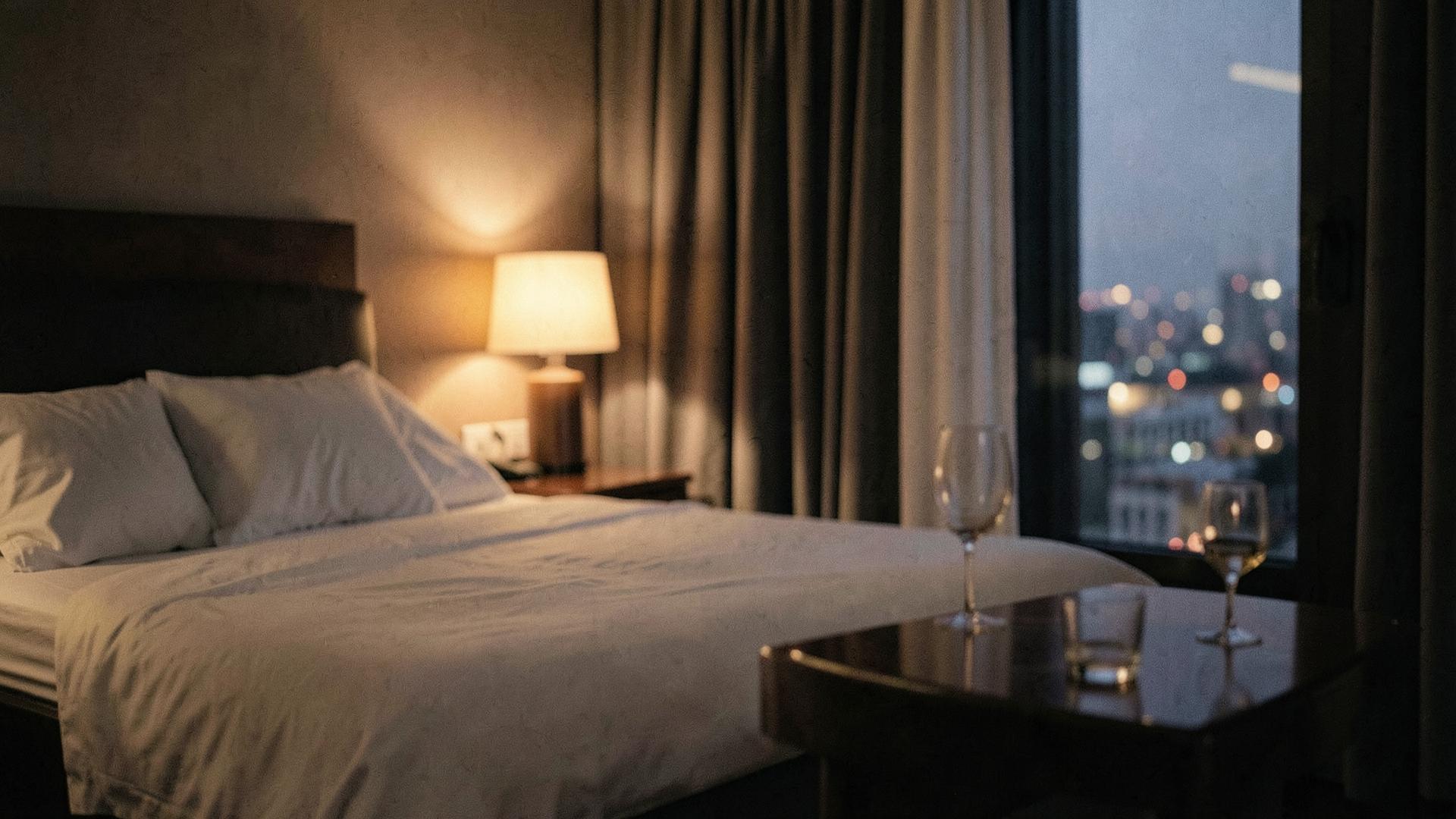 Hotelkamer bij schemering met warm lamplicht