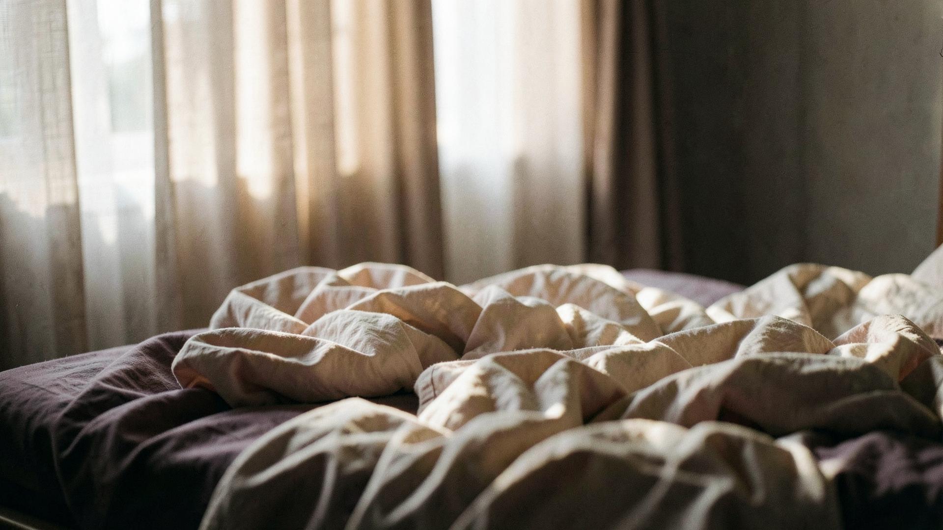 Onopgemaakt bed in zacht ochtendlicht
