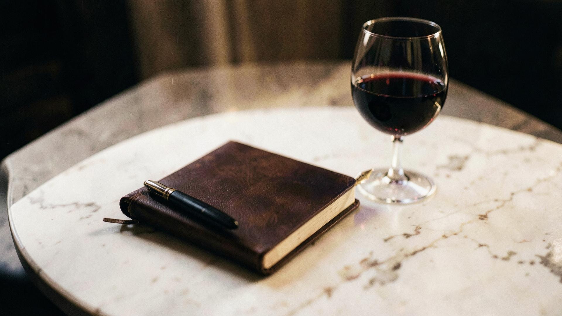 Notitieboek, pen en een glas wijn op een marmeren tafel