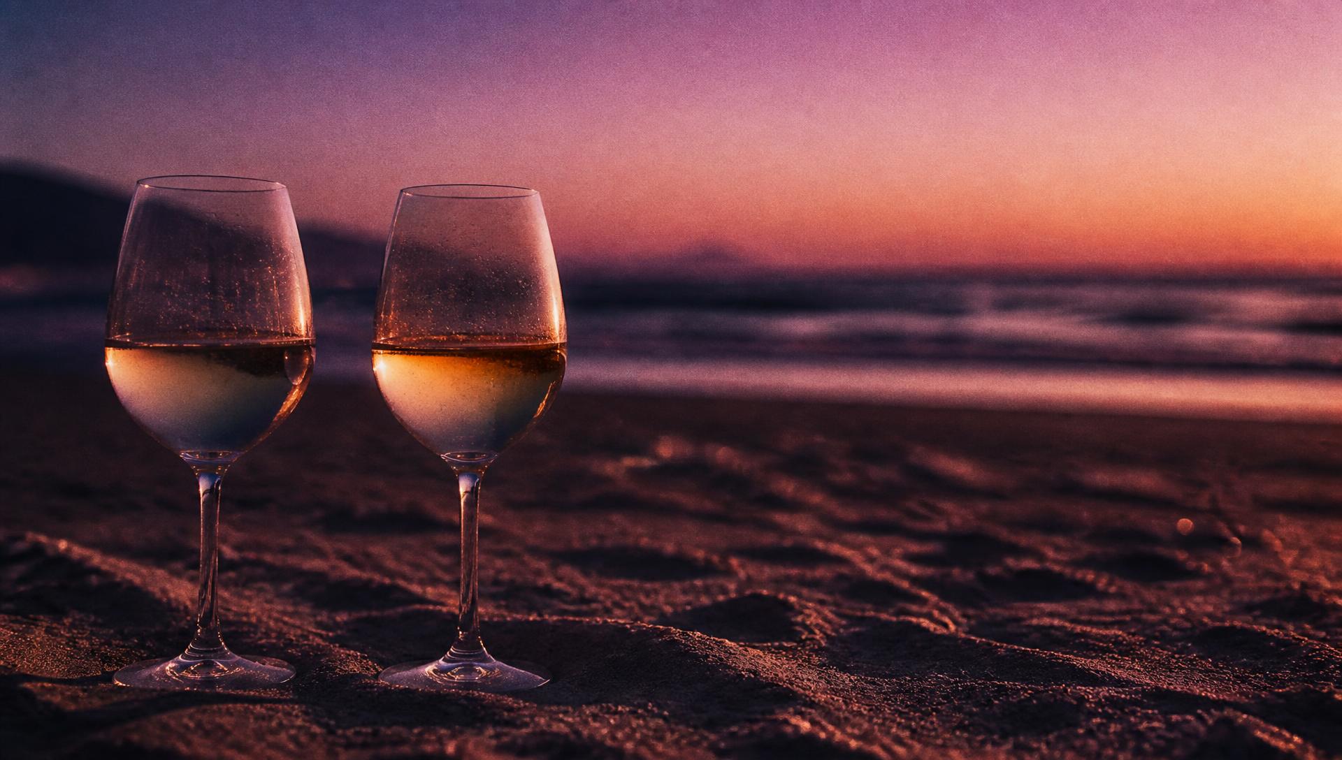Twee wijnglazen op een strand bij schemering